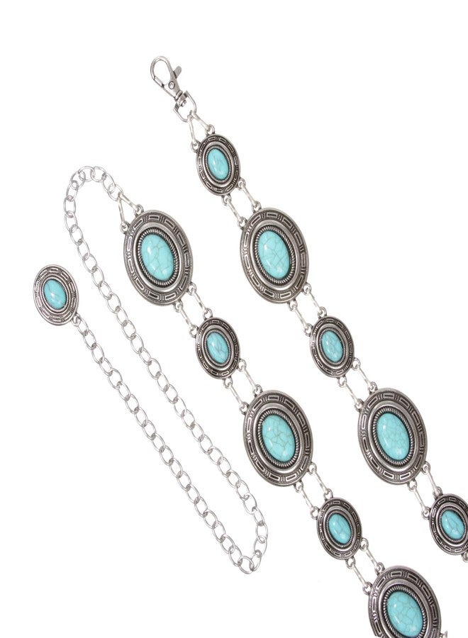 Beltiscool Women's Western Oval Concho Turquoise Stone Chain Belt, Silver | m/l (33"-49" waist) - Image 4